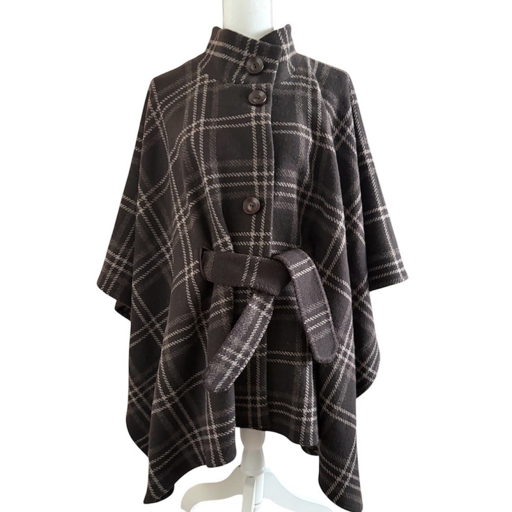 Jimmy Hourihan Dublin Ireland Brown Plaid 100% Wool Cape Belted Wrap One Size
